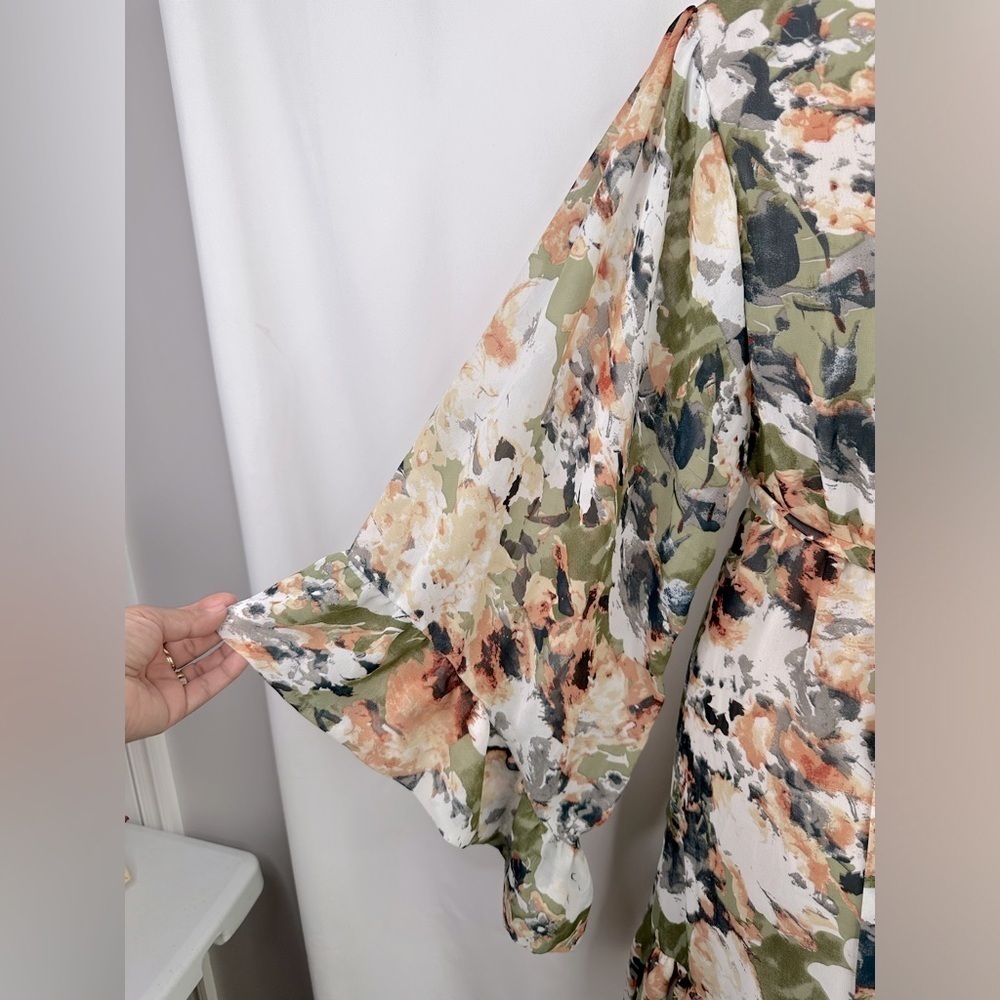 Betsy Johnson Boho Olive Green Floral Ruffle Mini Dress Bell Sleeves Size 8 - Picture 8 of 14